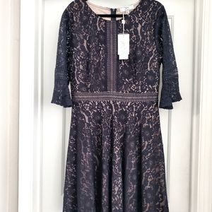 3/4 sleeve navy lace dress with nude underlay